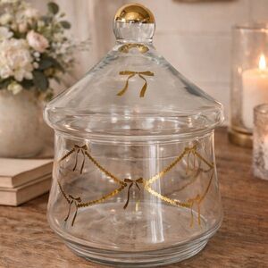 Pottery Barn Gold Bows Glass Candy Jar NEW